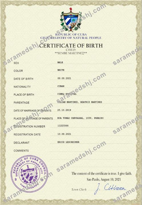 Cuba vital record birth certificate PSD template